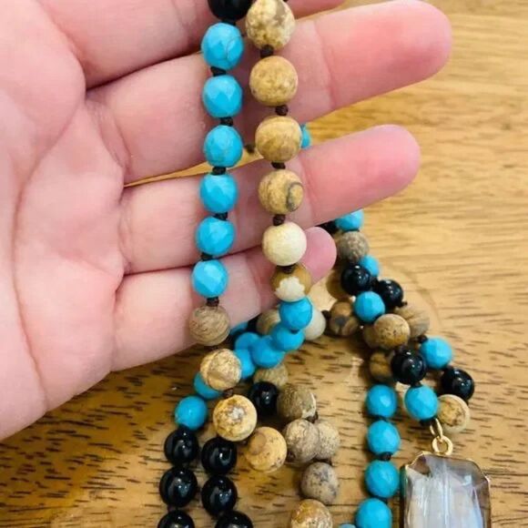 Boho Turquoise Cross Beaded Long Necklace Wood Stone Statement Pendant - Picture 7 of 8